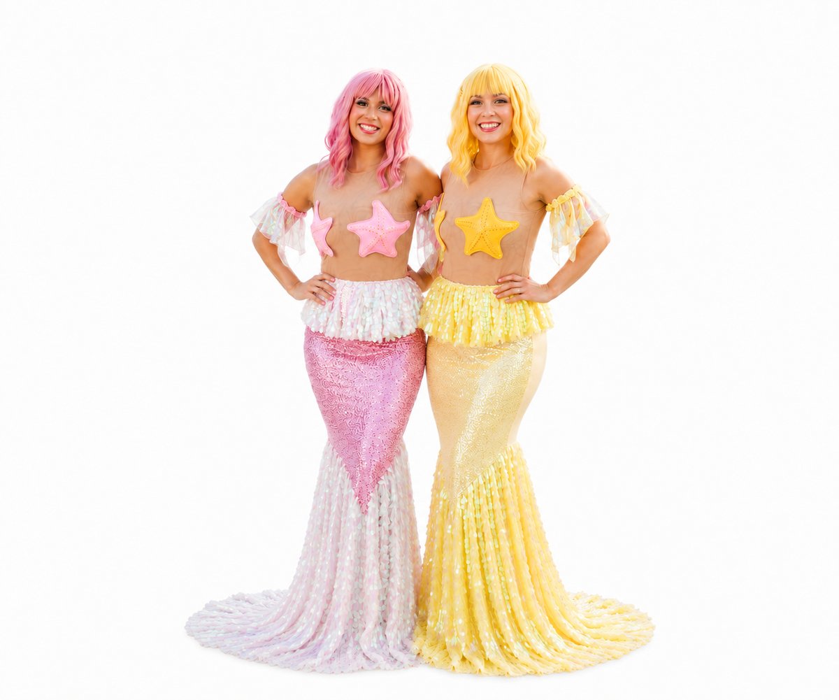 Two Neverland Mermaids in pink and yellow tails, the cast of the Mermaid Character Breakfast in Newport Beach