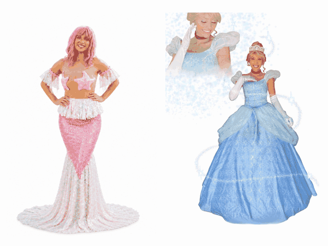 A Neverland Mermaid beside a rotating choice of princess hosts for the Princess Character Breakfast in Newport Beach