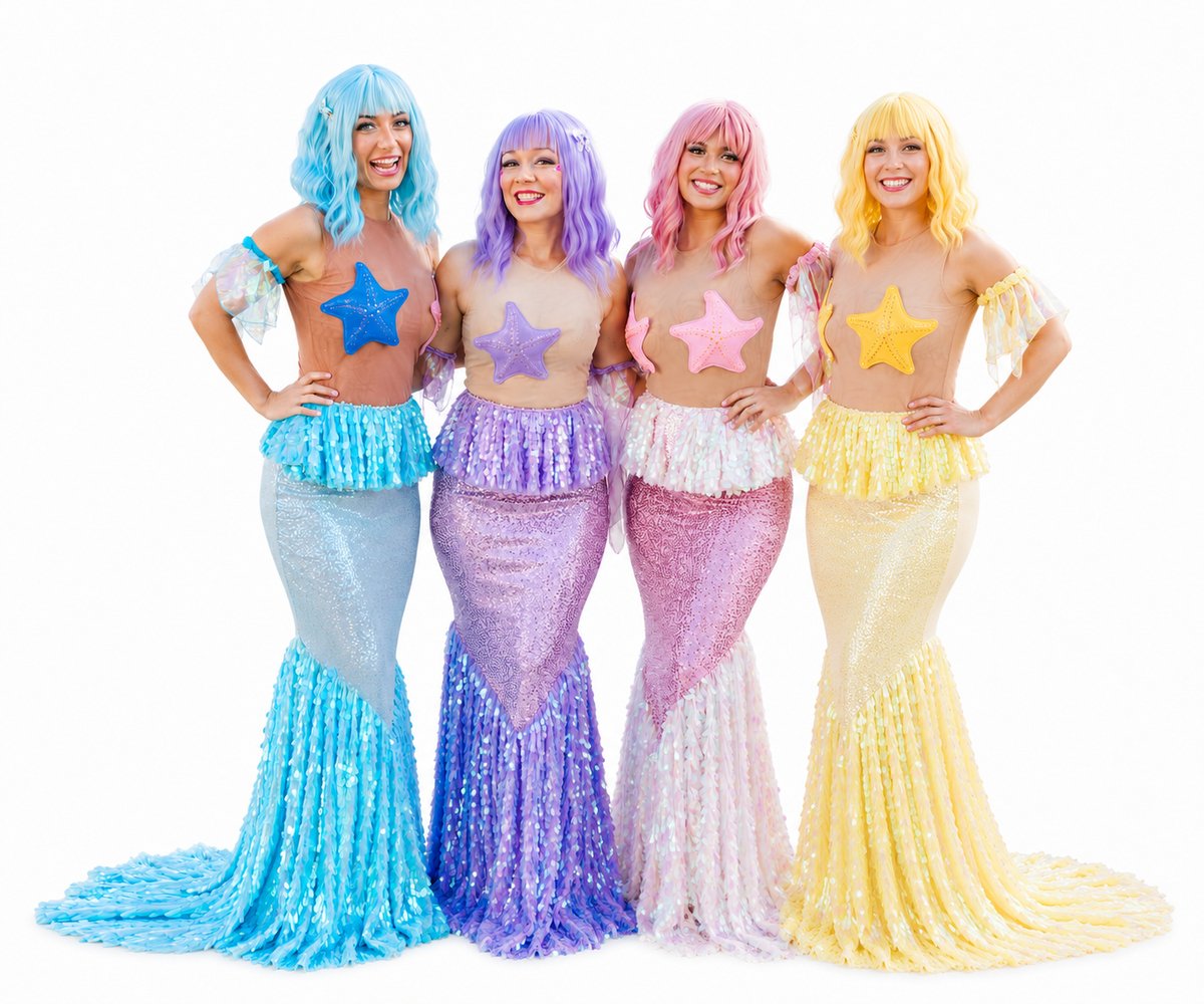 Four Neverland Mermaids in pastel tails, the cast of a Signature Mermaid Party in Newport Beach