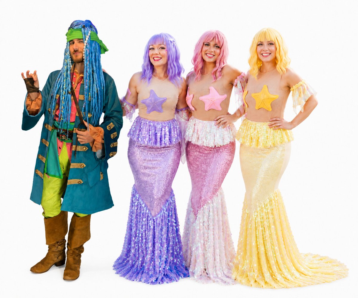 The Neverland Pirate Captain and three Neverland Mermaids, the cast of a Mermaid and Pirate Party in Newport Beach