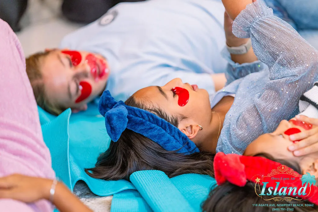 Lip masks and plush headbands during teen spa relaxation