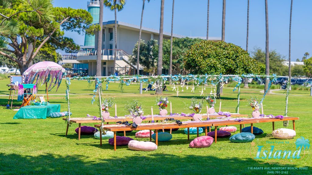 A full mermaid travel party setup built at a park in Orange County before the guests arrive