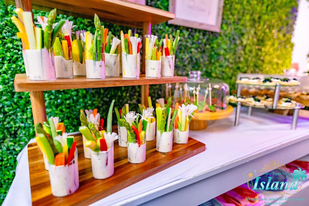 Crudite cups and canapes on the custom grazing display