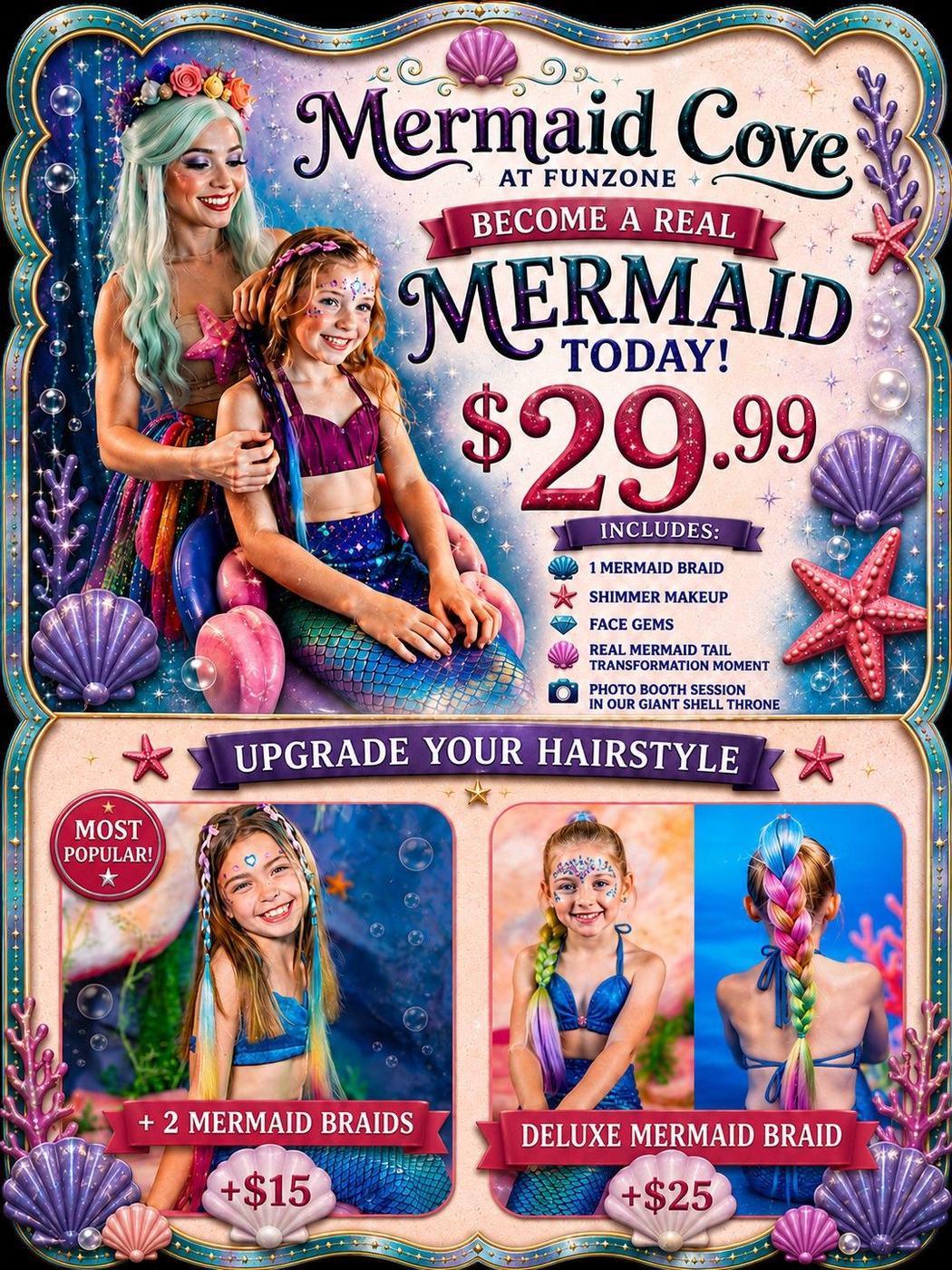 The Mermaid Cove menu: become a real mermaid for $29.99, with two mini braids +$15 or the deluxe mermaid braid +$25