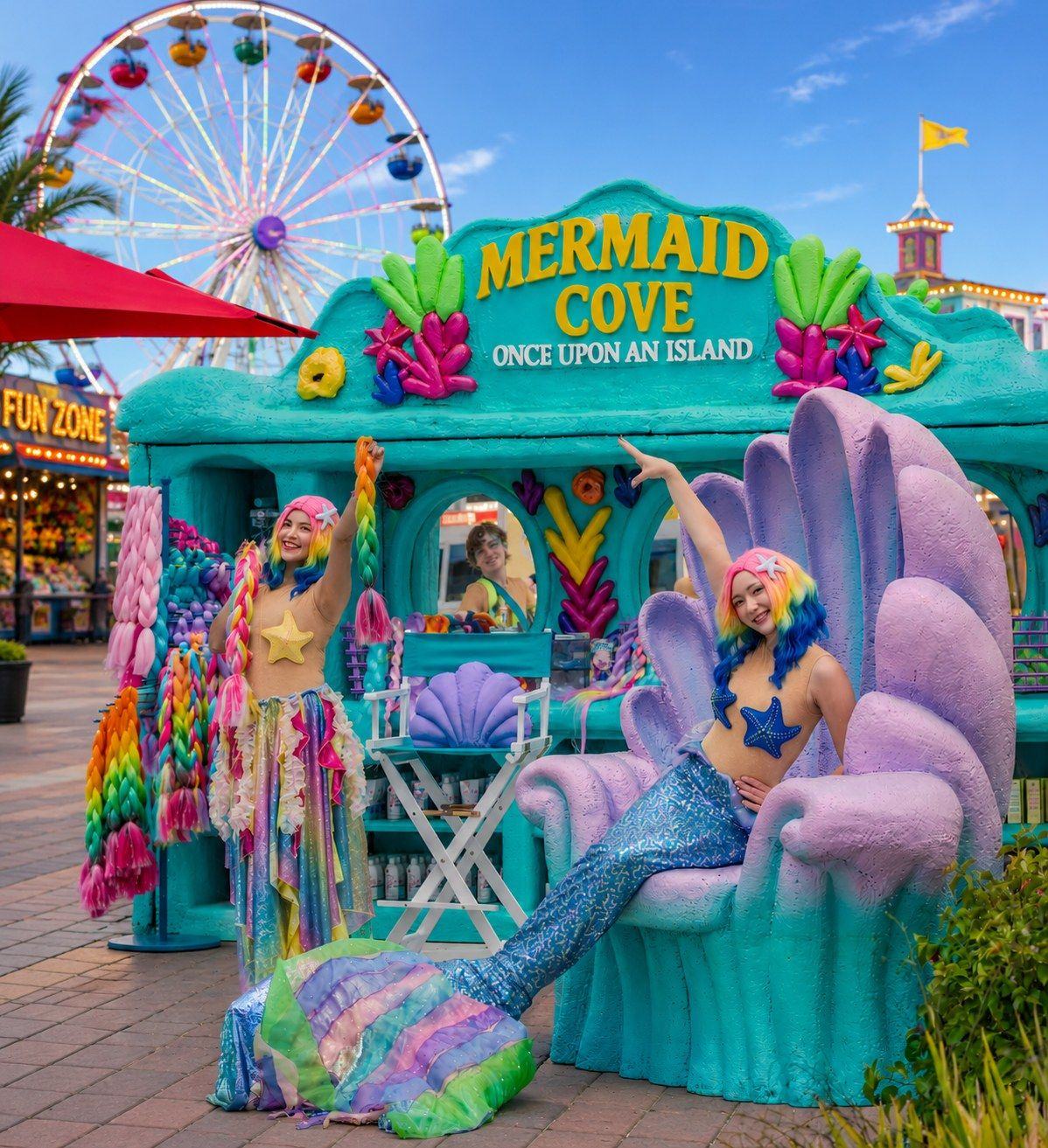 The Mermaid Cove stand at the Balboa Fun Zone, with the Ferris wheel behind it and mermaids waving from the clamshell throne