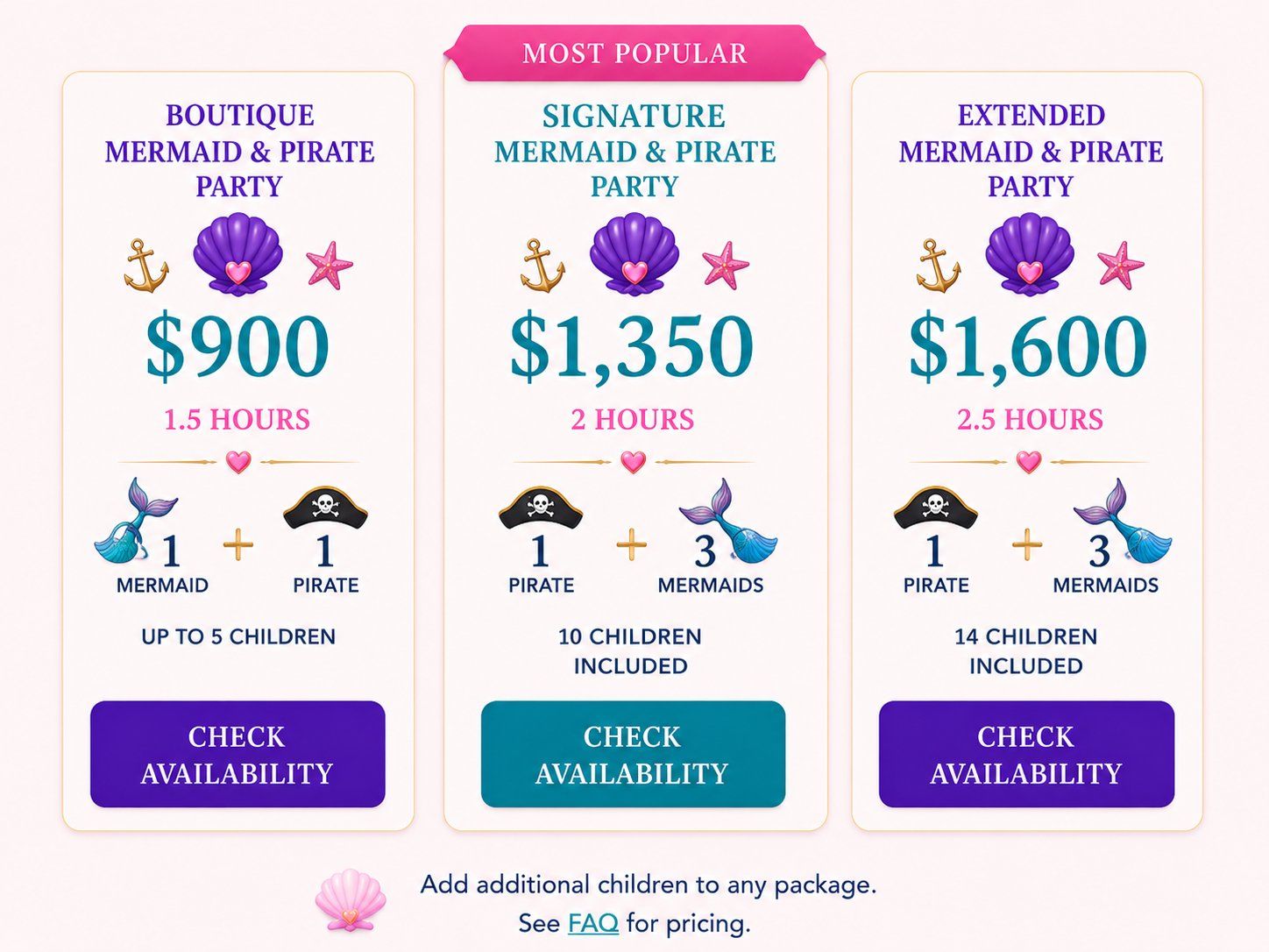 Book the Mermaid and Pirate Party. Boutique $900, 1.5 hours, 1 mermaid + 1 pirate, up to 5 children. Signature (most popular) $1,350, 2 hours, 1 pirate + 3 mermaids, 10 children included. Extended $1,600, 2.5 hours, 14 children included. Tap to check availability.
