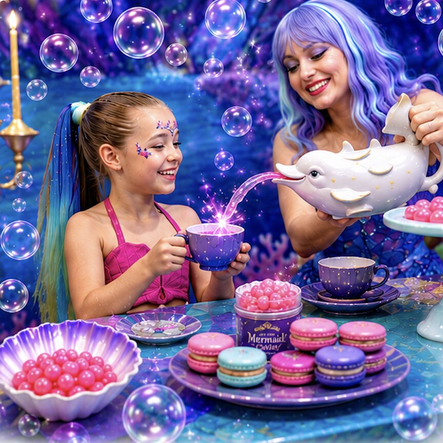 The famous Bubble Tea Party during the Signature Mermaid Transformation &mdash; sparkling pink tea poured from a friendly dolphin