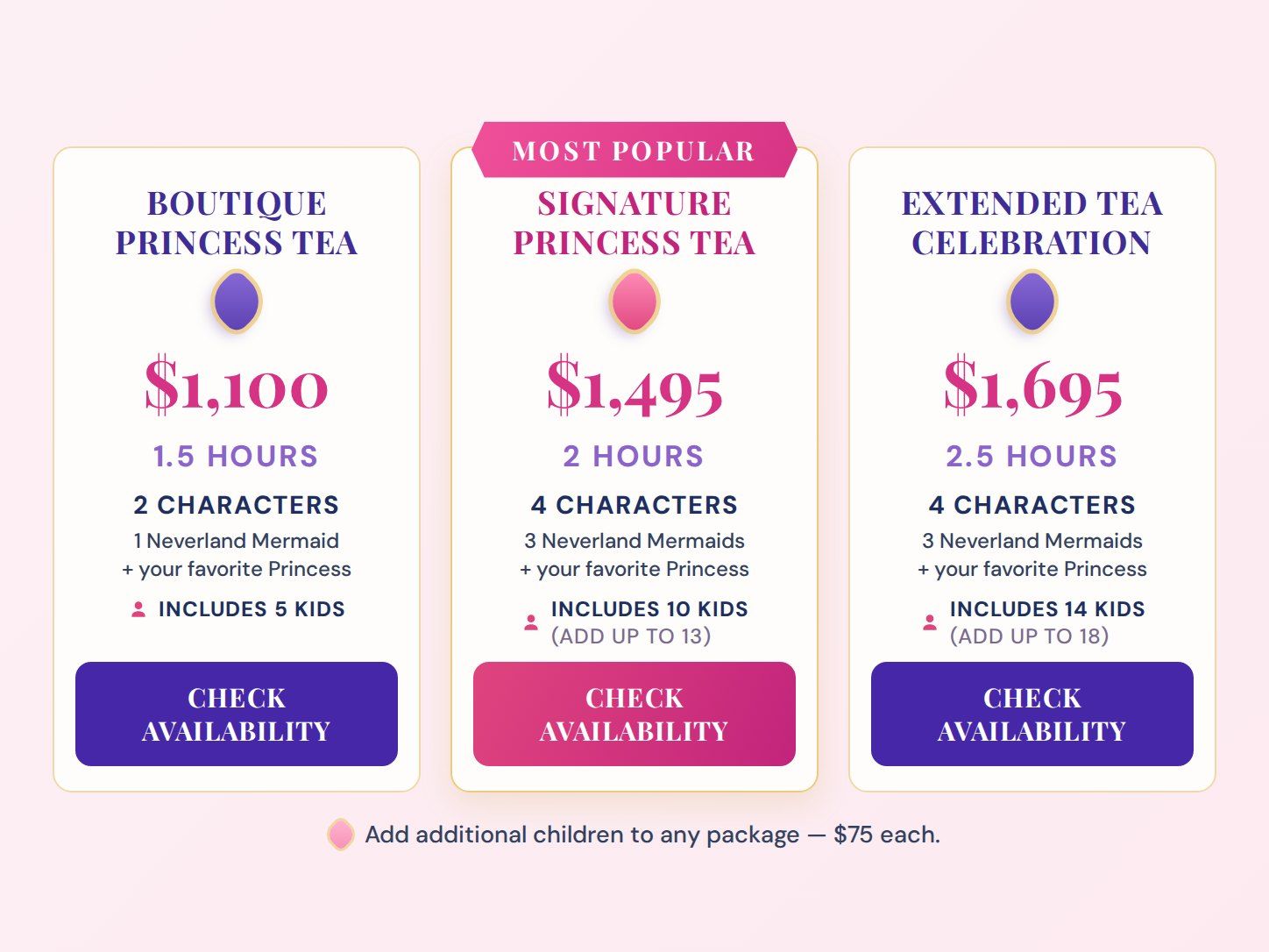 Book the Princess Tea Party. Boutique $1,100, 1.5 hours, 2 characters (1 Neverland Mermaid and your favorite princess), includes 5 kids. Signature (most popular) $1,495, 2 hours, 4 characters (3 Neverland Mermaids and your favorite princess), includes 10 kids, add up to 13. Extended Tea Celebration $1,695, 2.5 hours, 4 characters, includes 14 kids, add up to 18. Additional children $75 each. Tap to check availability.
