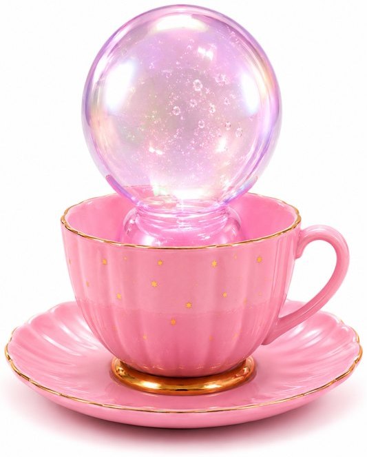 A magical bubble floating above a pink teacup at our Bubble Tea Party