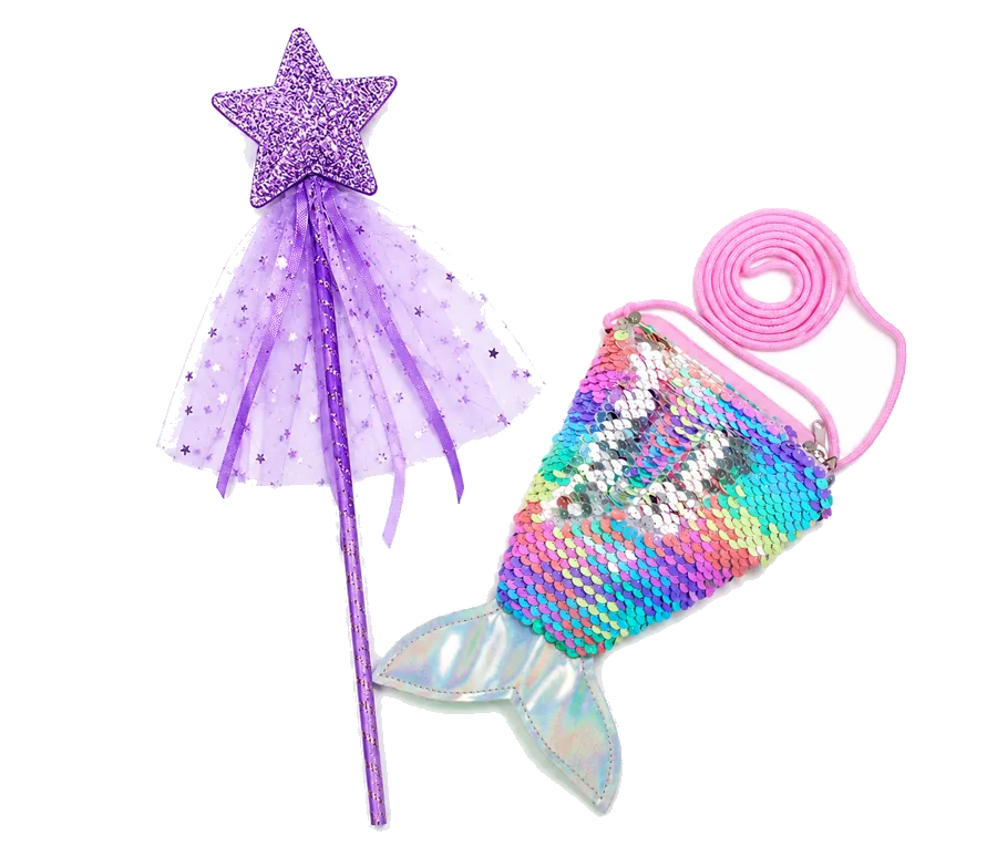 The glitter star wand and sequin mermaid tail purse included with the Signature experience