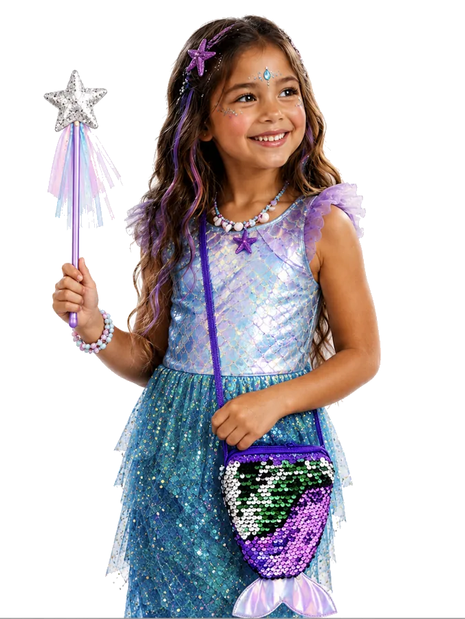 A mermaid with her take-home wand and sequin mermaid purse