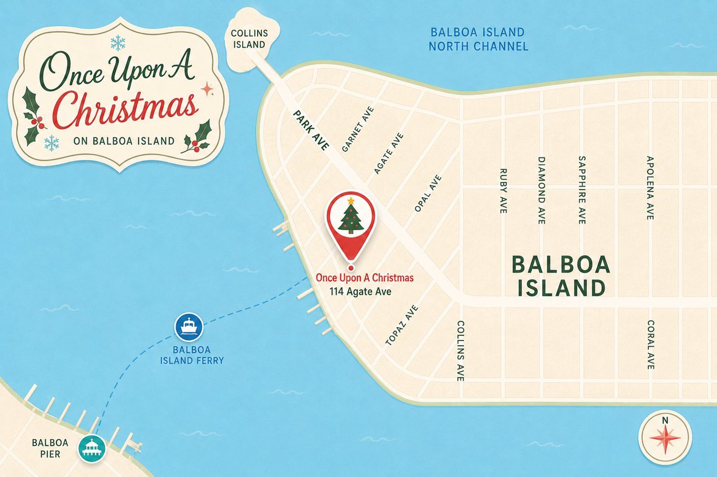 Illustrated map showing Once Upon a Christmas at 114 Agate Ave on Balboa Island