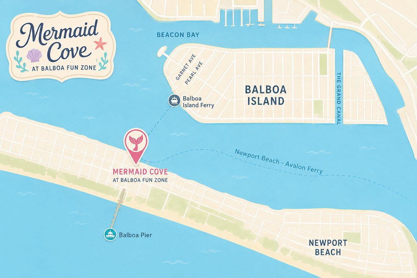 Illustrated map showing Mermaid Cove at the Balboa Fun Zone, 600 E Bay Ave