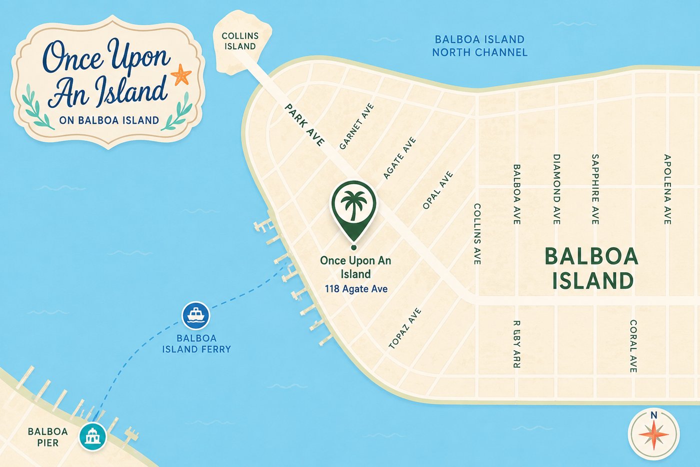 Illustrated map showing Once Upon an Island at 118 Agate Ave on Balboa Island