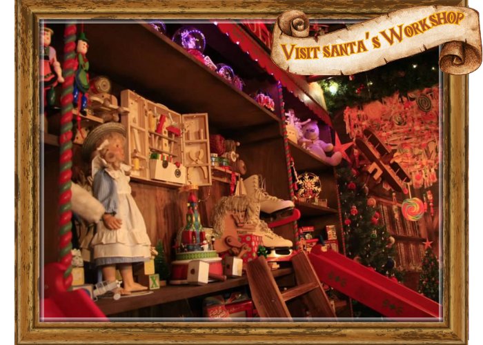 Shelves of vintage wooden toys in Santa&rsquo;s workshop